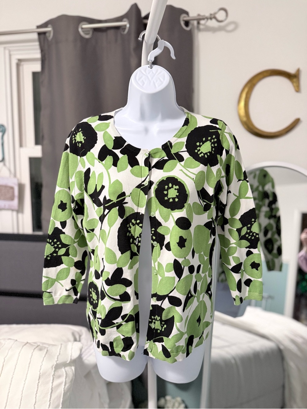 august silk Green, Black & White Floral Cardigan